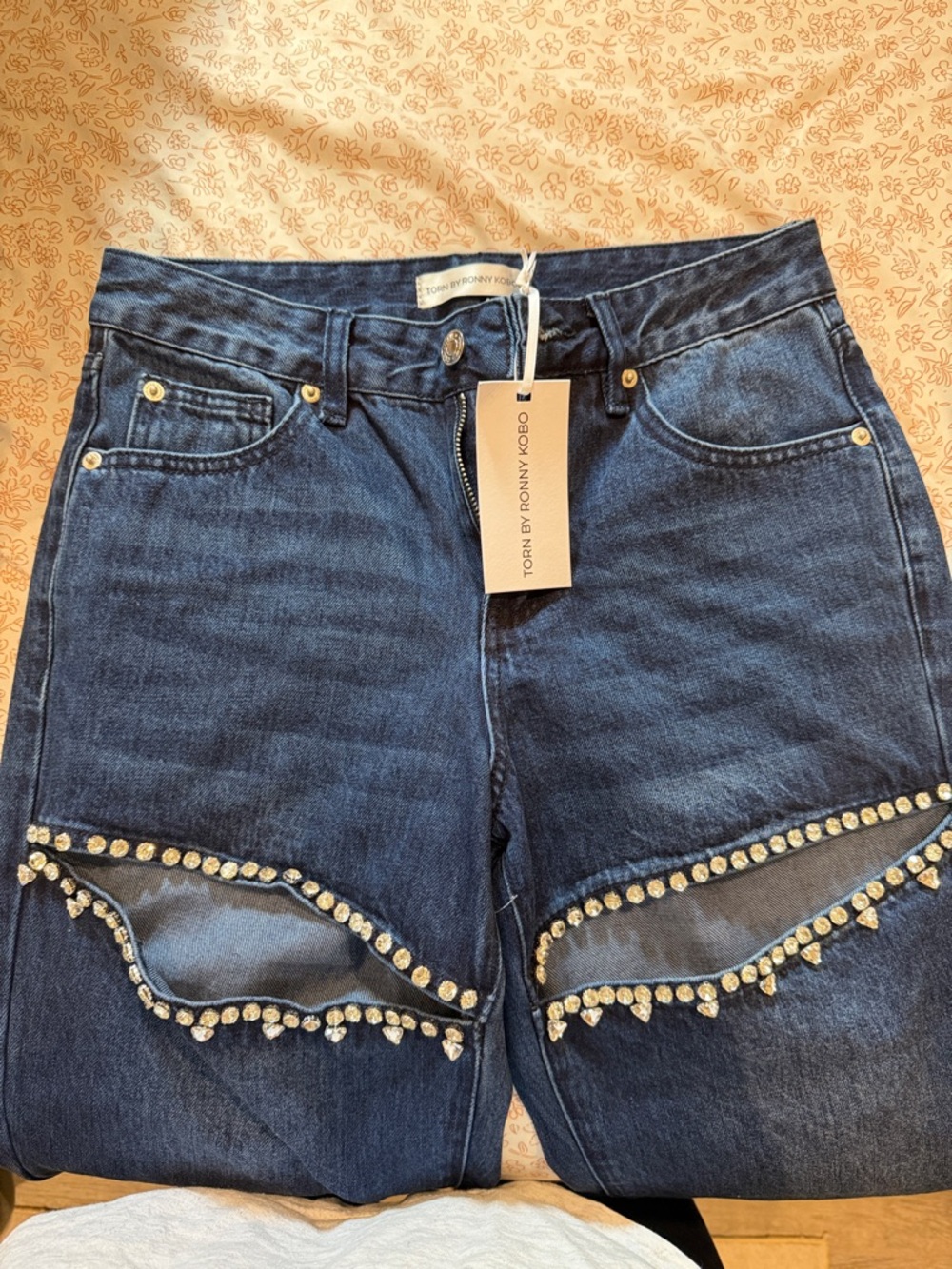 Torn by Ronny Kobo Dark Blue Jeans with Crystal Trim